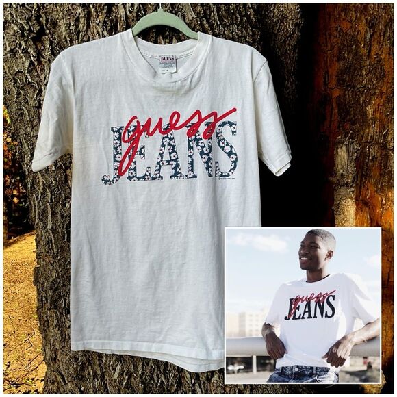 Authentic 90s Guess Jeans Single Stitch Spell Out Logo Tee Shirt Size Medium - Picture 1 of 8
